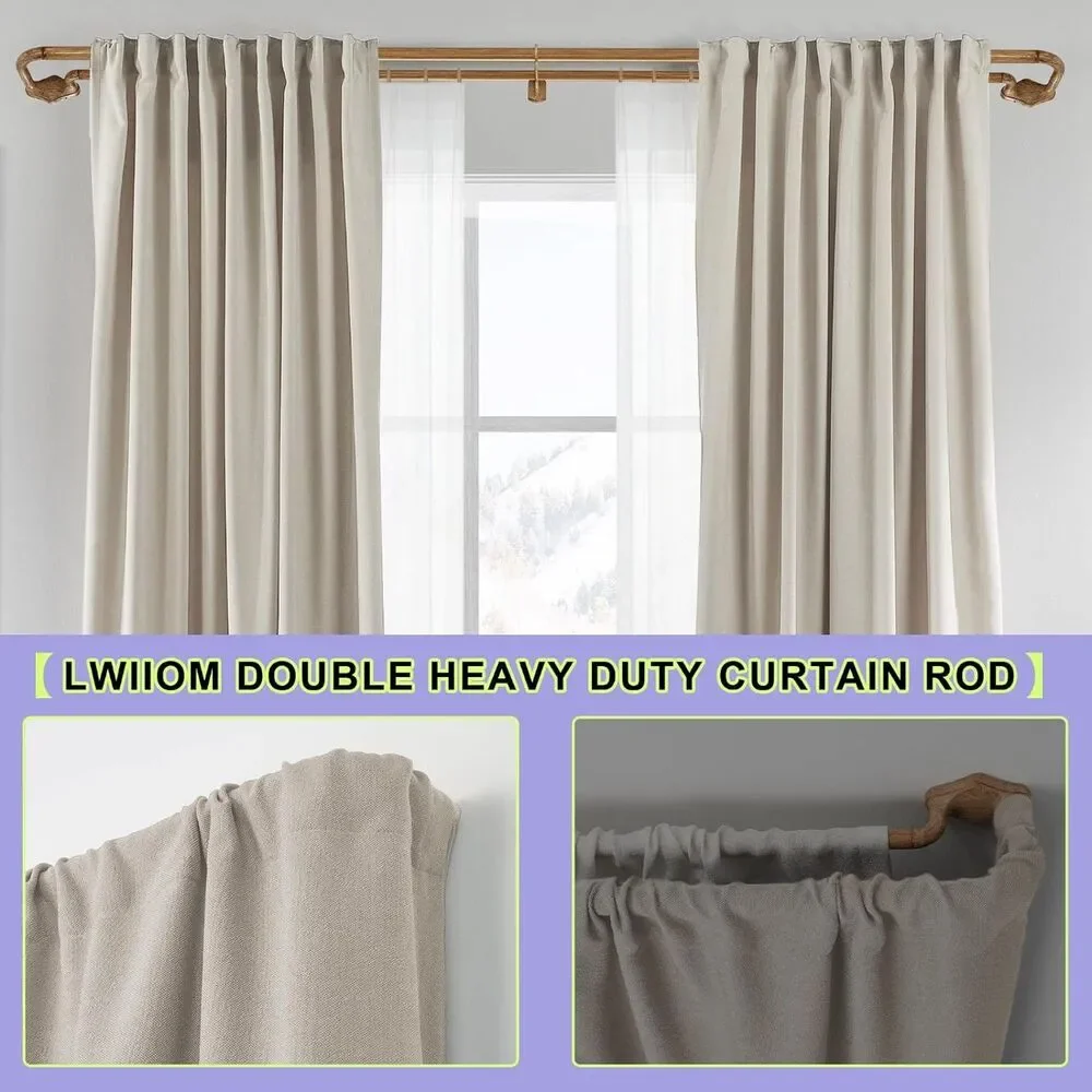 Brown Wood Grain Double Curtain Rods For Windows 72-144